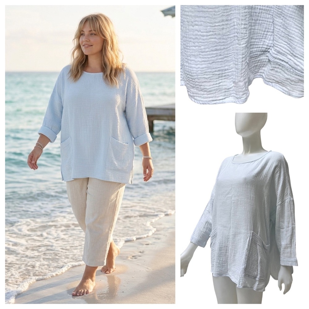 Double Gauze Tunic 1X Oversized Crinkle Cotton Blue Lagenlook Coastal Grandma